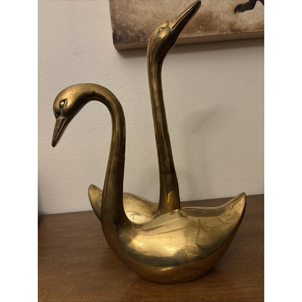 Vintage Large Brass Swan Mated Pair Sculptures MCM - 16" & 12" Cottagecore